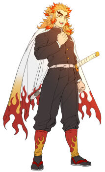 Rule 34 | 1boy, :d, belt, belt buckle, black jacket, black pants, black socks, blonde hair, buckle, cape, clenched hand, colored tips, commentary request, demon slayer uniform, flame print, forked eyebrows, full body, hand on own chest, hashimoto (yanagi-momo), jacket, japanese clothes, katana, kimetsu no yaiba, long hair, long sleeves, looking at viewer, male focus, multicolored hair, open mouth, pants, red hair, rengoku kyoujurou, sandals, sheath, sheathed, simple background, smile, socks, solo, standing, streaked hair, sword, teeth, thick eyebrows, two-tone hair, weapon, white background, white belt, white cape, yellow eyes