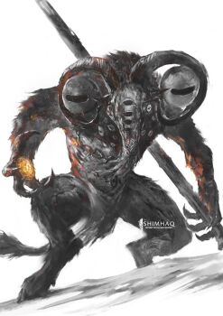 elden_ring elden_ring_nightreign extra_eyes full_body goat_horns goat_legs highres horizontal_pupils horns libra_(elden_ring) loincloth looking_at_viewer mage_staff monster monster_focus shimhaq solo staff tail very_big_eyes