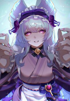 Rule 34 | 1girl, absurdres, bell, black choker, blue background, blue hair, bow, choker, commentary, eyelashes, frilled hairband, frills, genshin impact, hairband, hands up, highres, japanese clothes, kimono, neck bell, pink kimono, purple bow, purple eyes, rayla (rayla illust), reaching, reaching towards viewer, smile, solo, upper body, vision (genshin impact), yumemizuki mizuki