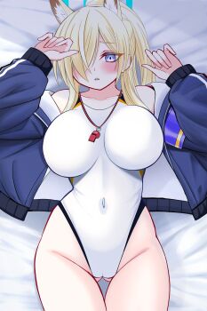 Rule 34 | 1girl, absurdres, animal ears, bare shoulders, blonde hair, blue archive, blue eyes, blue jacket, blush, breasts, commentary request, covered navel, dog ears, extra ears, hair over one eye, halo, highleg, highleg one-piece swimsuit, highres, jacket, kanna (blue archive), kanna (swimsuit) (blue archive), large breasts, long hair, long sleeves, looking at viewer, lying, mcpc zamurai, off shoulder, on back, one-piece swimsuit, parted lips, ponytail, sharp teeth, sidelocks, solo, swimsuit, teeth, thighs, whistle, white one-piece swimsuit