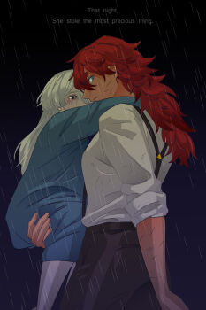 2girls absurdres arm_around_neck black_background black_pants blue_eyes blue_shirt blue_skirt carrying carrying_person commentary_request english_text grey_eyes gundam gundam_suisei_no_majo highres korean_commentary long_hair looking_at_viewer makeup miorine_rembran multiple_girls pants rain red_hair runny_makeup scar scar_on_arm scar_on_face shirt simple_background skirt sleeves_rolled_up snapagi suletta_mercury suspenders white_hair white_shirt yuri