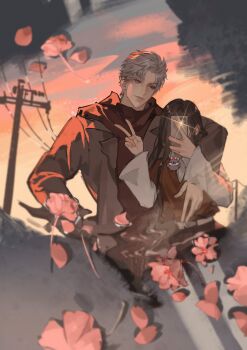 absurdres ameng arm_around_shoulder brown_hair camera_flash character_charm charm_(object) cherry_blossoms couple flower grey_hair grey_jacket hetero highres holding holding_phone jacket light_smile long_hair love_and_deepspace mephisto_(love_and_deepspace) petals phone pink_flower pink_petals power_lines protagonist_(love_and_deepspace) red_eyes red_scarf scarf selfie shirt short_hair sylus_(love_and_deepspace) taking_picture upper_body v white_shirt