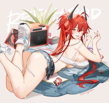 1girl absurdres ass breasts character_name commentary denim denim_shorts doro_(nikke) english_commentary feet_up goddess_of_victory:_nikke highres horns large_breasts long_hair looking_at_viewer lying mechanical_horns nevercrymoon official_alternate_costume official_alternate_hairstyle on_stomach open_mouth plant rapi_(nikke) rapi_(red_hood)_(nikke) red_hair red_hood_(nikke) red_hood_(retro_days)_(nikke) red_nails shoes shorts signature smile sneakers solo speaker untied_shoelaces white_shoes yellow_eyes