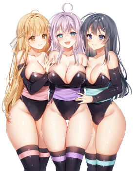 3girls ahoge alisa_mikhailovna_kujou alternate_costume aqua_eyes black_arm_warmers black_hair black_leotard black_thighhighs blonde_hair blue_eyes blush braid breasts brown_scarf cleavage closed_mouth commentary commission crossover feet_out_of_frame grey_hair hair_between_eyes hair_ornament hair_ribbon hairclip half_up_braid highres kanbesan160 large_breasts leotard long_hair looking_at_viewer medium_breasts multiple_girls ninja obi open_mouth otonari_no_tenshi-sama_ni_itsu_no_mani_ka_dame_ningen_ni_sarete_ita_ken pixiv_commission ribbon sakurajima_mai sash scarf seishun_buta_yarou shiina_mahiru_(otonari_no_tenshi-sama) side-by-side simple_background smile standing thigh_gap thighhighs thighs tokidoki_bosotto_roshia-go_de_dereru_tonari_no_alya-san white_background white_ribbon yellow_eyes