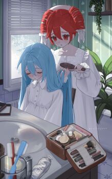 2girls aqua_hair artist_name brushing_another's_hair brushing_hair closed_eyes commentary_request curling_hair double-parted_bangs hair_between_eyes hair_intakes hair_ornament hatsune_miku highres indoors julie_(rolleybun) kasane_teto long_hair makeup makeup_brush multiple_girls parted_lips plant red_eyes red_hair sidelocks sink tile_floor tiles toothbrush toothpaste twitter_username unworn_hair_ornament utau very_long_hair vocaloid white_gown window