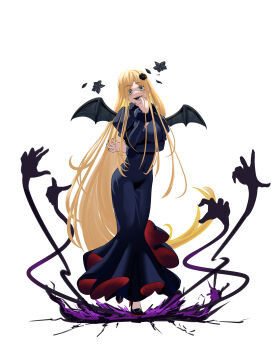 1girl absurdres arm_under_breasts bat_wings black_dress black_nails blonde_hair blue_eyes blue_tongue breast_lift breasts cleavage colored_tongue demon_girl demon_wings dress fang fur_trim hair_ornament high_heels highres hile_lawrence_(artist) large_breasts long_hair looking_at_viewer nail_polish navel overlord_(maruyama) renner_theiere_chardelon_ryle_vaiself sharp_nails smile very_long_hair wide_hips wings yandere