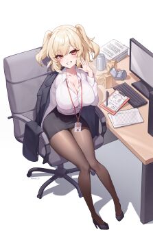 1girl absurdres alternate_costume black_jacket black_pantyhose black_shoes black_skirt blonde_hair boots breasts burnice_white can chair cleavage clipboard collared_shirt commentary_request computer computer_keyboard desk dress_shirt drink_can grin hand_up high_heels highres id_card jacket jacket_on_shoulders lanyard large_breasts looking_at_viewer monitor office_chair office_lady on_chair pantyhose paper paper_stack pen pencil_skirt pumps red_eyes shirt shoes short_hair simple_background sitting skirt smile solo swivel_chair taiyaki12 twintails twitter_username white_background white_shirt zenless_zone_zero