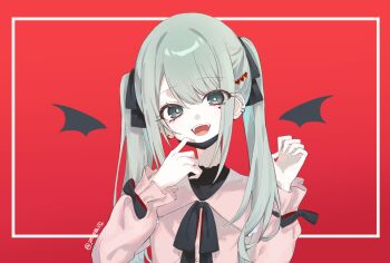 1girl :d absurdres aqua_eyes aqua_hair black_mask black_ribbon black_wings commentary_request ear_piercing facial_mark hair_ornament hair_ribbon hatsune_miku heart heart_facial_mark heart_hair_ornament highres jeeyeah672 jirai_kei long_hair mask_pull neck_ribbon open_mouth piercing pink_shirt red_background ribbon shirt smile solo twintails twitter_username upper_body vampire_(vocaloid) vocaloid wings