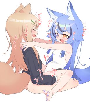 1boy 1girl animal_ear_fluff animal_ears bare_arms bare_shoulders barefoot black_cardigan blonde_hair blue_eyes blue_hair blush borrowed_character bottomless cardigan commentary_request fang fox_ears fox_tail foxx-chan_(foxxre) from_side hair_ornament hairclip hands_on_another&#039;s_shoulders heart heart-shaped_pupils hetero heterochromia highres implied_ejaculation konatsu_(owasaki) leg_grab long_hair moaning multicolored_hair nail_polish one-piece_swimsuit open_mouth original outstretched_arms owasaki purple_nails sex simple_background skin_fang sound_effects spread_legs straddling streaked_hair swimsuit symbol-shaped_pupils tail thick_eyebrows toenail_polish toenails toes trap trap_on_female two-tone_hair upright_straddle variant_set white_background white_one-piece_swimsuit yellow_eyes