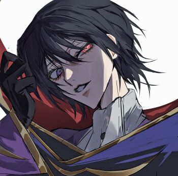 Rule 34 | 1boy, arm up, ascot, b63823, black gloves, black hair, cape, code geass, eyelashes, gloves, hair between eyes, heterochromia, high collar, highres, lelouch vi britannia, looking to the side, male focus, mystical high collar, parted lips, purple eyes, red eyes, shirt, sideways glance, simple background, solo, teeth, turtleneck, two-sided cape, two-sided fabric, upper body, white background, white shirt, zero (code geass)