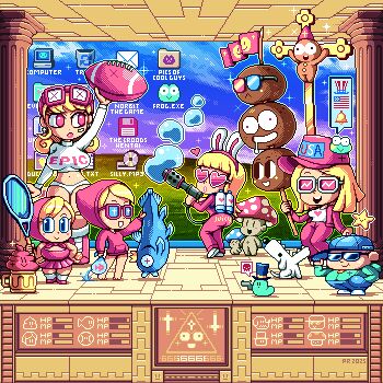 Rule 34 | 5girls, american flag, american football (object), arm up, artist name, ass, ball, barefoot, bliss (image), blonde hair, blush stickers, breasts, cd, closed mouth, clothes writing, column, commentary, crop top, cross, crucifix, dated, desktop (computing), english commentary, english text, fish, flag, floppy disk, hat, heart, highres, holding, holding ball, holding tennis racket, icon (computing), juicy couture, large breasts, long hair, microsoft windows, midriff, multiple girls, mushroom, navel, no pupils, open mouth, original, paul robertson, pillar, pink eyes, pixel art, racket, sparkle, standing, star (symbol), sunglasses, taskbar, teeth, tennis racket, upper teeth only, windows xp