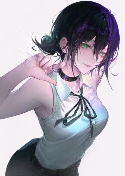 1girl black_choker black_hair black_ribbon chainsaw_man choker collared_shirt green_eyes grenade_pin hair_between_eyes highres imminent_explosion kkamiiz looking_at_viewer neck_ribbon parted_lips purple_hair reze_(chainsaw_man) ribbon shirt shirt_tucked_in simple_background sleeveless sleeveless_shirt solo upper_body white_background white_shirt