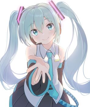 1girl aqua_hair aqua_nails aqua_necktie aqua_trim arm_tattoo arm_up armpits black_skirt blue_eyes breasts collared_shirt commentary detached_sleeves english_commentary hair_between_eyes hair_ornament hatsune_miku headset highres light_blush long_hair long_sleeves looking_at_viewer medium_breasts miniskirt necktie pleated_skirt reaching reaching_towards_viewer shika shirt simple_background skirt sleeveless sleeveless_shirt smile solo tattoo very_long_hair vocaloid white_background white_shirt wide_sleeves