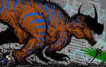 1boy 1girl baby child claws creature creature_focus digimon digimon_(creature) digimon_adventure digimon_adventure_(1999_movie) dinosaur electricity giant giant_monster greymon highres horns onesie open_mouth parrotmon rubble sharp_teeth spaghetti-bastard teeth yagami_hikari yagami_taichi