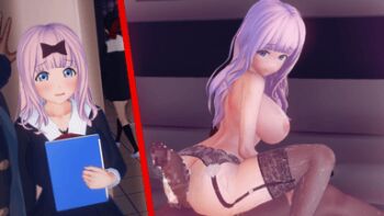 1boy 2girls 3d animated animated_gif blue_eyes blur_censor breasts buttjob censored fujiwara_chika head_out_of_frame kaguya-sama_wa_kokurasetai_~tensai-tachi_no_renai_zunousen~ koikatsu_(medium) large_breasts long_hair lowres multiple_girls nipples non-web_source open_mouth penis pink_hair shinomiya_kaguya smile thighhighs tongue tongue_out