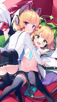 2girls all_fours animal_ear_headphones animal_ears ass black_shorts black_skirt blue_archive blue_necktie collared_shirt commentary_request controller dress_shirt fake_animal_ears feet_out_of_frame femdom game_controller girl_on_top halo headphones highres holding incest jacket knees_together_feet_apart knees_up kodomo_doushi loli lolidom long_sleeves looking_at_viewer looking_back lying midori_(blue_archive) momoi_(blue_archive) multiple_girls navel necktie on_back open_clothes open_jacket pleated_skirt shiika_yuno shirt short_necktie short_shorts shorts siblings sisters skirt suspender_skirt suspenders tail thighhighs twincest twins white_jacket white_shirt wide_sleeves yuri