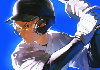 1boy 333takoyaki absurdres baseball_bat baseball_helmet baseball_uniform blonde_hair blue_background boukyaku_battery brown_eyes closed_mouth commentary_request from_side gloves hair_between_eyes helmet highres holding kaname_kei layered_sleeves male_focus mole mole_under_eye shirt solo sportswear sweat upper_body white_gloves white_shirt