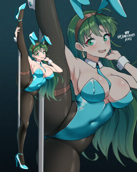 1girl alternate_costume alternate_hairstyle animal_ears aqua_leotard aqua_necktie breasts cleavage covered_navel earrings fake_animal_ears fire_emblem fire_emblem:_the_blazing_blade furrowed_brow green_eyes green_hair hair_down high_heels highres holding_own_leg jarckius jewelry large_breasts leg_up leotard long_hair looking_at_viewer lyn_(fire_emblem) navel necktie nintendo pantyhose playboy_bunny pole pole_dancing rabbit_ears smile solo wrist_cuffs