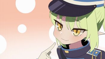 1girl :3 :d animated animated_gif blue_archive commentary earrings epaulettes fang gloves gradient_background green_hair green_halo halo hand_up hat highres jewelry long_hair looking_at_viewer nozomi_(blue_archive) one_eye_closed open_mouth orange_background pointy_ears skin_fang smile solo symbol-only_commentary train_conductor twintails upper_body white_gloves yellow_eyes zeroku77