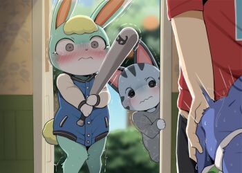2boys 2girls animal_crossing animal_ears baseball_bat blush cat_ears cat_girl dagasi forced furry furry_female furry_male furry_with_non-furry highres holding interspecies jacket lolly_(animal_crossing) long_sleeves mabel_able_(animal_crossing) multiple_boys multiple_girls nintendo rabbit_boy rabbit_ears rape red_shirt sasha_(animal_crossing) sex shirt shota standing tears trembling villager_(animal_crossing) wavy_mouth
