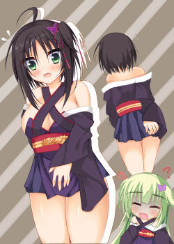 2girls ? ^_^ absurdres ahoge anger_vein bare_shoulders black_hair black_kimono blunt_bangs blush breast_envy breasts butterfly_hair_ornament chibi chibi_inset cleavage closed_eyes commentary_request cosplay covering_crotch covering_privates criss-cross_halter curvy drop_shadow embarrassed eyes_visible_through_hair facing_viewer false_smile flying_sweatdrops from_behind green_eyes green_hair hair_between_eyes hair_ornament hair_ribbon halterneck highres hitachi_mako japanese_clothes kimono large_breasts long_hair long_sleeves looking_down medium_hair multiple_girls multiple_views murasame_(senren) murasame_(senren)_(cosplay) one_side_up open_mouth partial_commentary red_ribbon red_sash ribbon sash senren_banka shaded_face shrimp_3 sidelocks smile solo_focus thighs two_side_up wide_sleeves