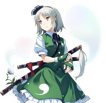 1girl black_bow black_bowtie black_hairband bow bowtie breasts collared_shirt eho_(icbm) fingerless_gloves flower game_cg gloves green_gloves green_skirt green_vest grey_hair hairband hitodama hitodama_print katana konpaku_youmu konpaku_youmu_(ghost) labyrinth_of_touhou_(series) labyrinth_of_touhou_tri medium_hair multiple_swords non-web_source official_art puffy_short_sleeves puffy_sleeves sheath sheathed shirt short_sleeves skirt skirt_set small_breasts solo sword touhou transparent_background vest weapon white_flower white_shirt yellow_eyes