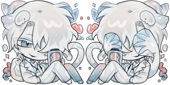 1boy adoptable bat_boy bat_wings chibi coat colored_eyelashes colored_skin commentary dilnyan03 english_commentary fang full_body grey_eyes hair_over_one_eye hand_in_pocket highres horns lab_coat male_focus monster_boy multiple_views original short_hair simple_background sitting skin_fang slit_pupils tail wet_specimen white_background white_coat white_hair white_skin wings wings_over_eyes