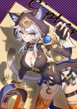 Rule 34 | 1girl, absurdres, animal ear fluff, animal ears, animal hood, artist name, astartlink, belt, black leotard, blue eyes, boots, breasts, cat ears, cat girl, cat hood, cat tail, character name, cipher (honkai: star rail), coin, dated, gold boots, gold coin, grey hair, highres, holding magnet, honkai: star rail, honkai (series), hood, hooded leotard, large breasts, leotard, looking at viewer, mole, mole on breast, short hair with long locks, shorts, solo, tail, thigh belt, thigh strap, thighs, white shorts, yellow nails