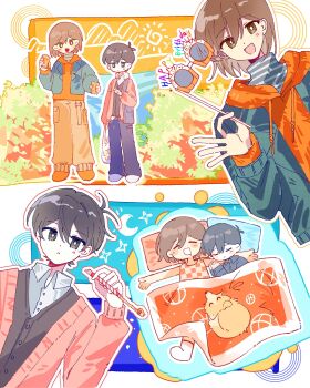 2boys :&lt; :d alternate_skin_color animal antenna_hair bag bare_arms bare_shoulders black_cardigan black_eyes black_hair black_jacket black_pants blue_sky bright_pupils brown_dog brown_eyes brown_hair bush buttons cardigan checkered_clothes checkered_shirt chinese_commentary closed_eyes closed_mouth cloud collared_shirt commentary_request crescent_moon cup day dog double-parted_bangs drawstring drooling english_text full_body grey_bag grey_shirt grocery_bag hair_behind_ear hair_between_eyes hand_up happy_birthday head_rest hector_(omori) highres holding holding_bag holding_cup holding_removed_eyewear hood hood_down hoodie jacket jacket_over_hoodie kel_(faraway)_(omori) kel_(omori) layered_sleeves long_sleeves looking_at_viewer lying male_focus moon mouth_drool multiple_boys no_shoes omori on_back open_cardigan open_clothes open_jacket open_mouth orange-tinted_eyewear orange_cardigan orange_hoodie orange_pants orange_shirt orange_shoes outdoors outline outstretched_arms pants pocket puffy_long_sleeves puffy_sleeves shirt shoes shopping_bag short_hair shoulder_bag simple_background sky sleeveless sleeveless_shirt smile socks sparkle standing striped_clothes striped_shirt sunny_(omori) tinted_eyewear turtleneck turtleneck_shirt two-tone_shirt u_u unworn_eyewear upper_body very_short_hair white-framed_eyewear white_outline white_pupils white_shirt white_shoes white_socks yangliyongyuanshiyangchui