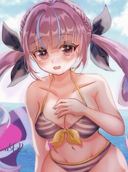 1girl bikini blue_bikini blue_sky blue_streaks braid breasts cleavage collarbone commentary_request cowboy_shot day front-tie_bikini_top front-tie_top halterneck hand_on_own_chest highres hololive large_breasts long_hair looking_at_viewer minato_aqua minato_aqua_(hololive_summer_2019) multicolored_hair navel official_alternate_costume open_mouth outdoors purple_eyes purple_hair rina_xx203 sky solo streaked_hair striped_bikini striped_clothes swimsuit tearing_up twintails virtual_youtuber