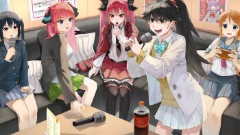 5girls :d aqua_bow aqua_bowtie aura_(sousou_no_frieren) bambietta_basterbine black_hair black_jacket black_necktie black_ribbon bleach bleach:_sennen_kessen-hen blue_eyes blush bottle bow bowtie brown_eyes buttons candy character_print cola collared_shirt commentary cowboy_shot crossover date_a_live deadman70232800 double-parted_bangs dress_shirt english_commentary fang feet_out_of_frame food frilled_skirt frills frown go-toubun_no_hanayome green_skirt grey_skirt hair_between_eyes hair_ornament hair_over_shoulder hair_ribbon hairclip hand_up handheld_game_console hands_up highres holding holding_candy holding_food holding_handheld_game_console holding_lollipop holding_microphone itsuka_kotori jacket jacket_on_shoulders k-on! karaoke kousaka_kirino lollipop lollipop_in_mouth long_hair long_sleeves looking_ahead looking_at_another looking_down microphone miniskirt multiple_crossover multiple_girls nakano_azusa nakano_nino necktie open_clothes open_jacket open_mouth orange_hair ore_no_imouto_ga_konna_ni_kawaii_wake_ga_nai parallel_hairclips pleated_skirt ponytail red_bow red_bowtie red_eyes red_hair red_jacket red_skirt ribbon school_uniform shirt short_sleeves sidelocks sitting skirt smile sousou_no_frieren standing straight_hair sweater taketatsu_ayana teeth triangle_mouth tsurime twintails two_side_up v-shaped_eyebrows very_long_hair voice_actor_connection white_jacket white_shirt white_skirt yellow_sweater