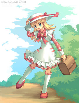 1girl apron archived_source artist_name ashita_no_nadja bad_link bag blonde_hair blue_eyes blue_sky bow bowtie briefcase brooch brown_bag bush cloud collared_dress copyright_notice day dirt_road dress english_text frilled_apron frilled_socks frills full_body gem grid_print hat hat_ribbon heart heart_brooch holding holding_bag holding_briefcase jewelry kneehighs legs_apart long_hair nadja_applefield open_mouth outdoors pocket porkpie_hat print_dress print_sleeves red_bow red_bowtie red_dress red_gemstone red_ribbon red_shoes red_sleeves ribbon road shoes sky sleeve_cuffs socks solo straight_hair tiv white_apron white_hat white_socks wing_collar