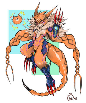 +_+ 10s 1girl armor armored_boots boots breasts claws digimon digimon_adventure_tri. fangs female_focus fur_collar furry furry_female glowing glowing_eyes glowing_markings highres large_breasts meicrackmon_vicious_mode navel neon_trim red_eyes sharp_nails signature tail