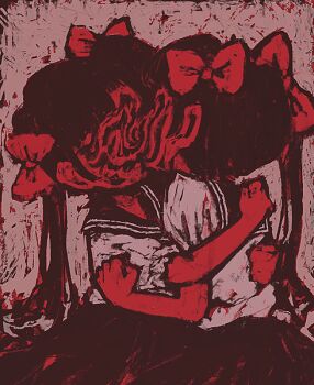 2girls bow commentary english_commentary gestart333 hair_bow horror_(theme) hug kiss long_hair monochrome multiple_girls original parted_bangs red_theme school_uniform serafuku shirt short_sleeves skirt yuri