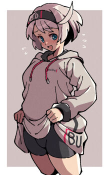 1girl :d bike_shorts black_hairband black_shorts blue_eyes border clothes_lift commentary_request covered_groin cropped_legs drawstring elphelt_valentine flying_sweatdrops grey_background grey_hair grey_hoodie guilty_gear guilty_gear_strive hairband hood hood_down hoodie hoodie_lift itsuka_neru looking_at_viewer open_mouth shorts smile solo white_border