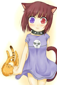 1girl animal animal_ears blush brown_hair cat cat_ears cat_girl cat_tail closed_mouth collar commentary_request cowboy_shot dress haty heterochromia holding holding_animal holding_cat looking_at_viewer nyuu_(ragnarok_online) orange_cat purple_dress purple_eyes ragnarok_online red_eyes short_hair short_sleeves smile solo spiked_collar spikes tail white_background