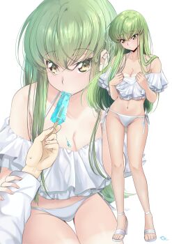 1boy 1girl absurdres artist_name bare_shoulders breasts budgiepon c.c. code_geass food food_in_mouth green_hair highres long_hair medium_breasts popsicle popsicle_in_mouth simple_background swimsuit thighs white_background yellow_eyes