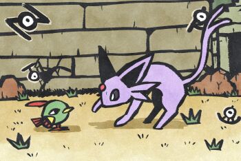 Rule 34 | animal focus, beak, bird, black eyes, bright pupils, espeon, feathers, forehead jewel, forked tail, full body, gem, gen 2 pokemon, green feathers, highres, looking at another, metikyun, natu, nintendo, no humans, outdoors, pokemon, pokemon (creature), pokemon focus, purple eyes, purple fur, red feathers, red gem, ruins, simple background, standing, tail, unown, unown a, unown n, unown t, unown u, white pupils