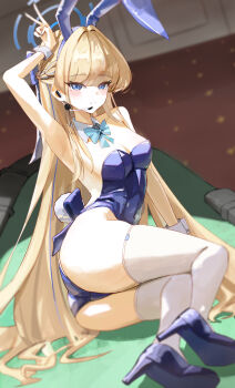 1girl absurdres animal_ears ass bare_shoulders blue_archive blue_bow blue_bowtie blue_eyes blue_hair blue_leotard bow bowtie breasts cleavage collar commentary_request detached_collar earphones fake_animal_ears fake_tail gang_ryeol high_heels highres indoors leotard long_hair looking_at_viewer lying medium_breasts multicolored_hair on_side playboy_bunny rabbit_ears rabbit_tail solo streaked_hair tail thighhighs thighs toki_(blue_archive) toki_(bunny)_(blue_archive) v very_long_hair white_collar white_thighhighs