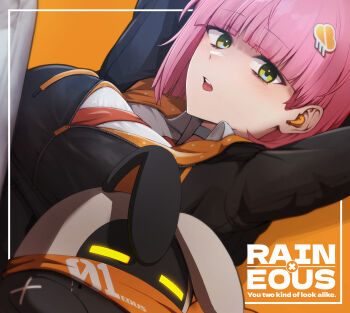 1girl absurdres bangboo_(zenless_zone_zero) breasts character_name choker cloud_hair_ornament commentary_request earbuds earphones english_text eous_(zenless_zone_zero) green_eyes highres joji_nyudo looking_at_viewer open_mouth orange_background pink_hair rain_(zenless_zone_zero) short_hair simple_background zenless_zone_zero
