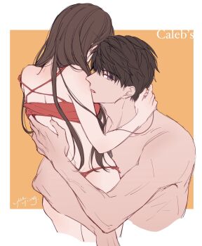 1boy 1girl artist_name ass bikini border breasts brown_hair caleb_(love_and_deepspace) character_name couple cropped_legs cropped_torso hair_between_eyes hetero highres jewelry long_hair looking_at_viewer love_and_deepspace medium_breasts midriff necklace orange_background parted_lips protagonist_(love_and_deepspace) purple_eyes red_bikini short_hair swimsuit topless_male white_border yueying_vmai