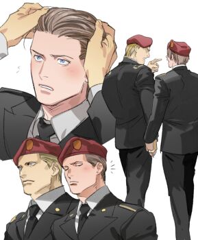 2boys bara beret black_jacket black_pants blonde_hair blush brown_hair closed_eyes closed_mouth couple hat holding_hands jack_krauser jacket leon_s._kennedy male_focus multiple_boys necktie pants resident_evil resident_evil_4 resident_evil_4_(remake) shirt short_hair simple_background tatsumi_(psmhbpiuczn) white_background white_shirt yaoi