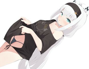 1girl absurdres animal_ears bilingual_commentary black_shirt blue_eyes commentary english_commentary extra_ears fox_ears fox_girl fox_tail highres hololive long_hair looking_at_viewer mixed-language_commentary open_mouth recklessdraw shirakami_fubuki shirt simple_background single_bare_shoulder solo tail virtual_youtuber white_background white_hair