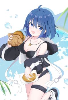 1girl ahoge bikini black_bikini black_jacket blue_eyes blue_hair breasts c.i.e.l_(fate) ciel_(tsukihime) cleavage cropped_jacket cross cross_necklace fate/grand_order fate_(series) highres hood hood_down hooded_jacket jacket jewelry latin_cross layered_bikini long_sleeves looking_at_viewer medium_breasts mysterious_executor_c.i.e.l_(fate) necklace open_clothes open_jacket open_mouth puffy_long_sleeves puffy_sleeves shoelaces shoes short_hair smile sneakers solo swimsuit thigh_strap ttriwk white_shoes
