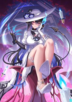 1girl absurdres black_hair blue_fire candle constance_(honkai:_star_rail) demon_tail fire hand_on_own_cheek hand_on_own_face highres honkai:_star_rail honkai_(series) large_hat light_blush long_hair looking_at_viewer mole mole_under_eye parted_lips purple_eyes shoes tail zekong_pioneer