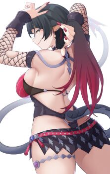 1girl absurdres adjusting_hair animal_ears arms_up ass bare_shoulders black_hair black_one-piece_swimsuit black_sarong blush breast_curtains breasts choker closed_mouth commentary_request cowboy_shot earrings fingernails fishnet_sleeves fishnets gradient_hair grey_eyes highres jane_doe_(nocturne_of_light)_(zenless_zone_zero) jane_doe_(zenless_zone_zero) jewelry kirima_(kirim_ld_0617) large_breasts leather_leotard long_hair looking_at_viewer looking_back mouse_ears mouse_girl mouse_tail multicolored_hair o-ring o-ring_choker o-ring_swimsuit one-piece_swimsuit red_hair red_nails red_one-piece_swimsuit sarong sharp_tail shoulder_blades simple_background smile solo swimsuit tail thigh_strap two-tone_one-piece_swimsuit white_background zenless_zone_zero