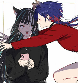 Rule 34 | 2girls, animal ears, aqua hair, black choker, black hair, black sweater, blue hair, blush, cat ears, cat girl, cellphone, choker, earrings, fangs, floating hair, glomp, harusaruhi, highres, holding, holding phone, hug, imminent hug, isshiki (ffmania7), jewelry, jumping, kamitsubaki studio, kemonomimi mode, long hair, long sleeves, looking at another, multicolored hair, multiple girls, open mouth, outstretched arms, phone, red hair, red sweater, rim (kamitsubaki studio), simple background, slit pupils, small sweatdrop, smartphone, smile, streaked hair, sweater, upper body, virtual youtuber, white background, white hair, wide-eyed, yellow eyes