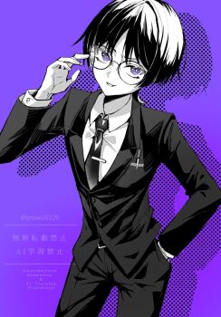 1boy alternate_costume arm_at_side blunt_ends breast_pocket choppy_bangs contemporary drop_shadow formal_clothes genshin_impact greyscale_with_colored_background hand_in_pocket hand_up highres jacket layered_sleeves long_sleeves looking_at_viewer male_focus necktie pants pen pocket purple_background purple_eyes scaramouche_(genshin_impact) shirt smirk snow20200 solo spot_color suit suit_jacket twitter_username undershirt watermark