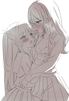 2girls blush bra breasts cleavage collared_shirt commentary_request fang grabbing_another&#039;s_breast groping height_difference hickey highres large_breasts mkmtxx multiple_girls open_clothes open_mouth open_shirt original parted_lips pleated_skirt school_uniform serafuku shirt skin_fang skirt smile two_side_up underwear yuri