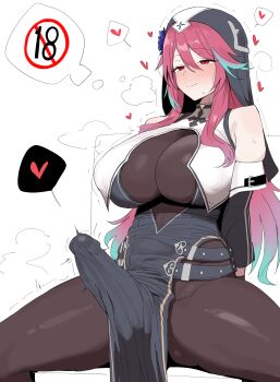 1futa absurdres aqua_hair arms_behind_back bare_shoulders blue_dress blush bodystocking breasts bulge closed_mouth detached_sleeves dress erection erection_under_clothes futanari gradient_hair heart highres huge_breasts indie_virtual_youtuber long_sleeves multicolored_hair pelvic_curtain red_eyes red_hair rosetta_(vtuber) sitting smile solo spoken_heart spread_legs virtual_youtuber white_background xipa